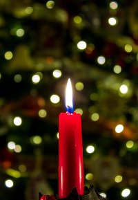 Brennende rote Kerze vor einem verschwommenen Weihnachtbaum mit weißen und grünen Lichtern